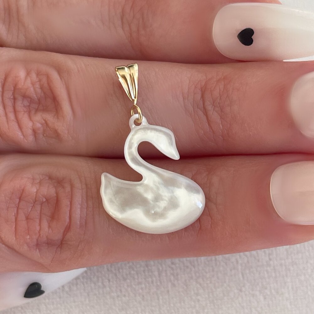 Solid 14K Yellow Mother of Pearl Swan Pendant Charm Necklace 90s Boho Coquette